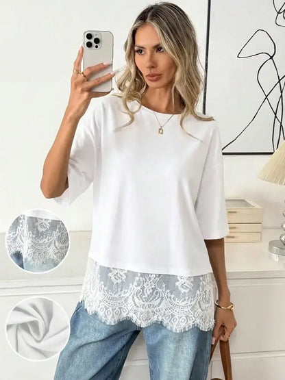White Lace Trim Relaxed Fit Top