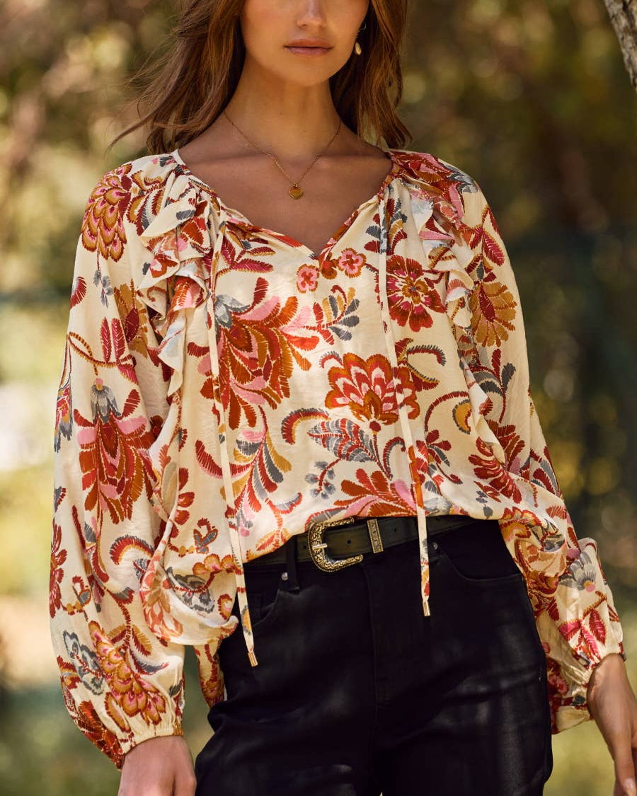Autumn Bloom Floral Printed Long-sleeve Blouse