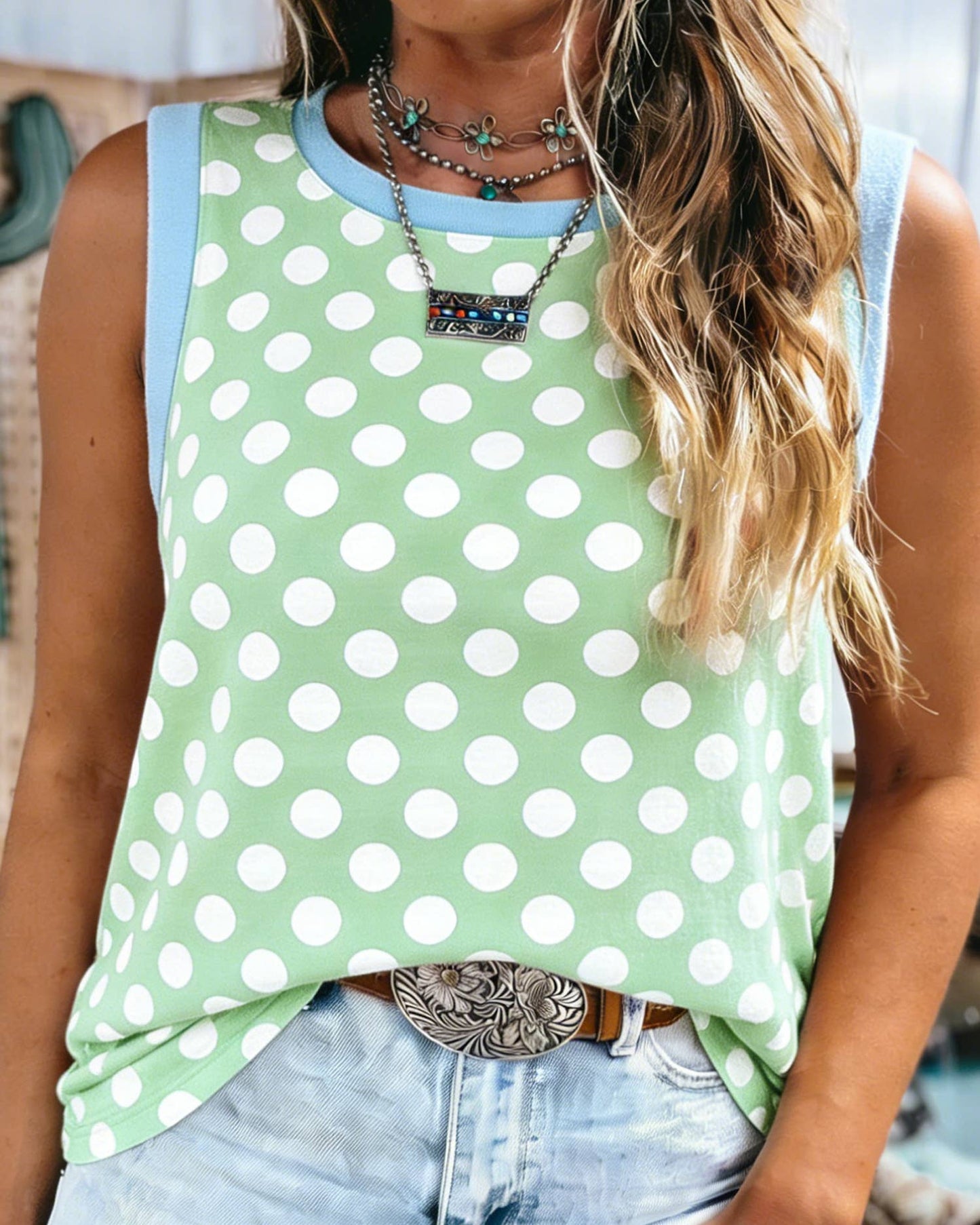 Key Lime Polka Dot Contrast Trim Tank