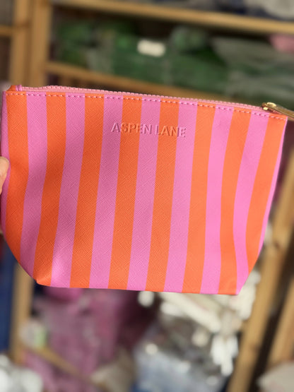 Preppy Pink & Orange Stripe Cosmetic Bag