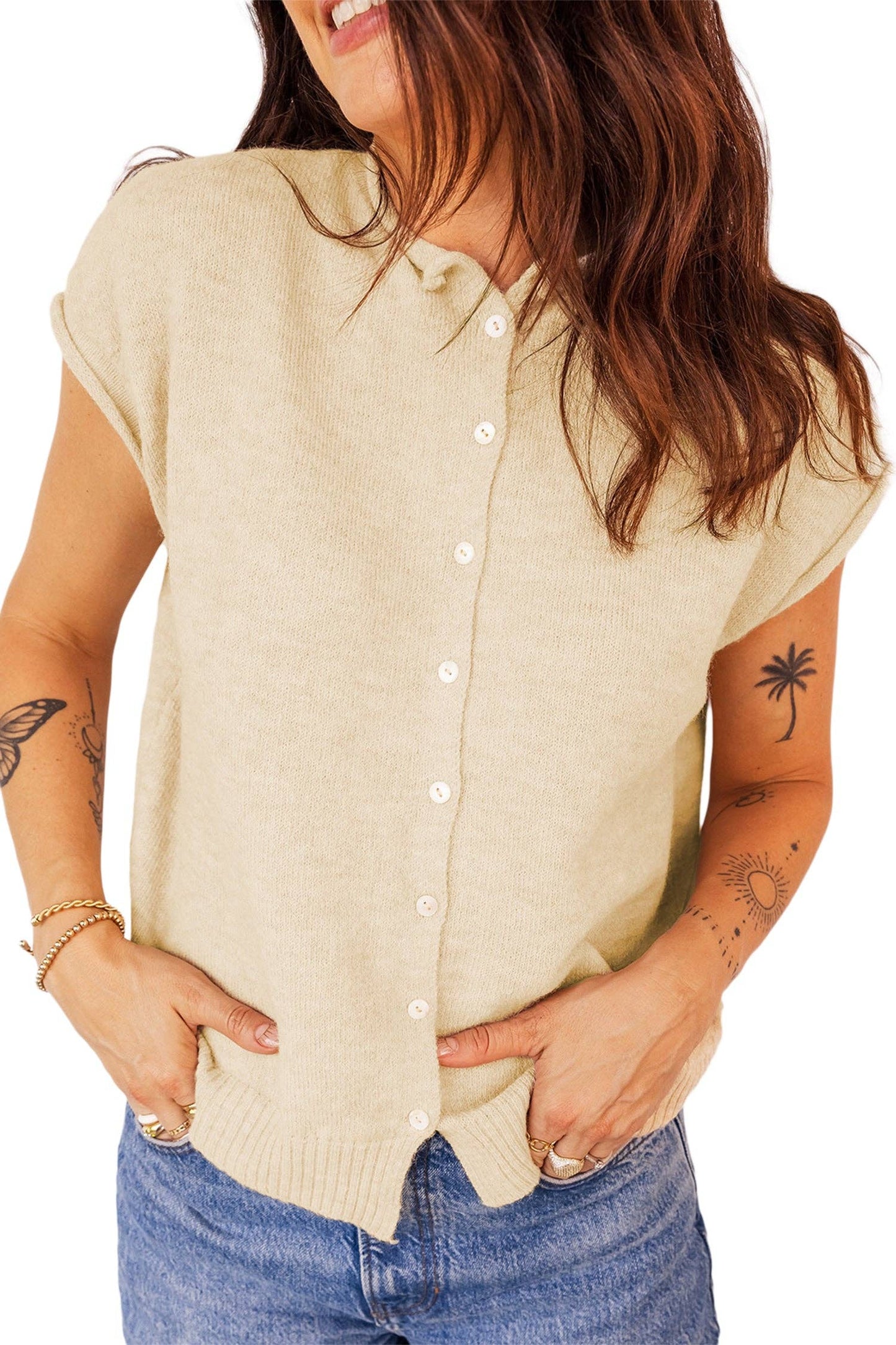 Apricot Buttoned Top w/ Cap Sleeve