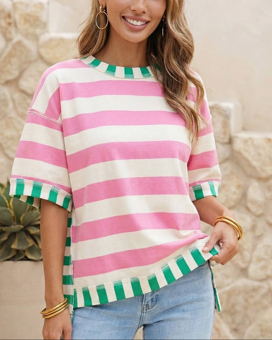 Preppy Striped Round Neck Blouse