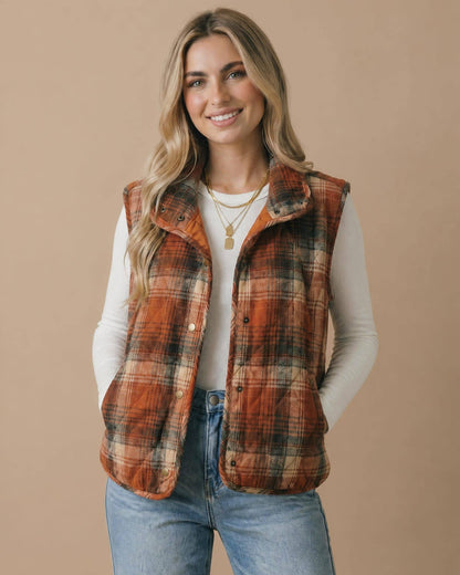 Plaid Quilted Snap Button Puffer Vest