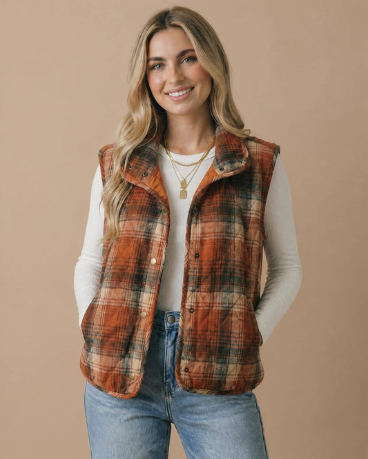 Plaid Quilted Snap Button Puffer Vest