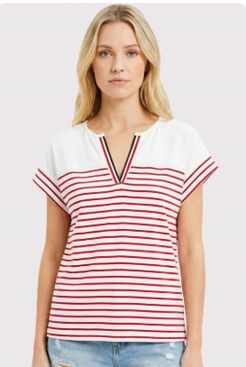 Red & White Striped Short Sleeve Top with Blak & Red accented VNeck
