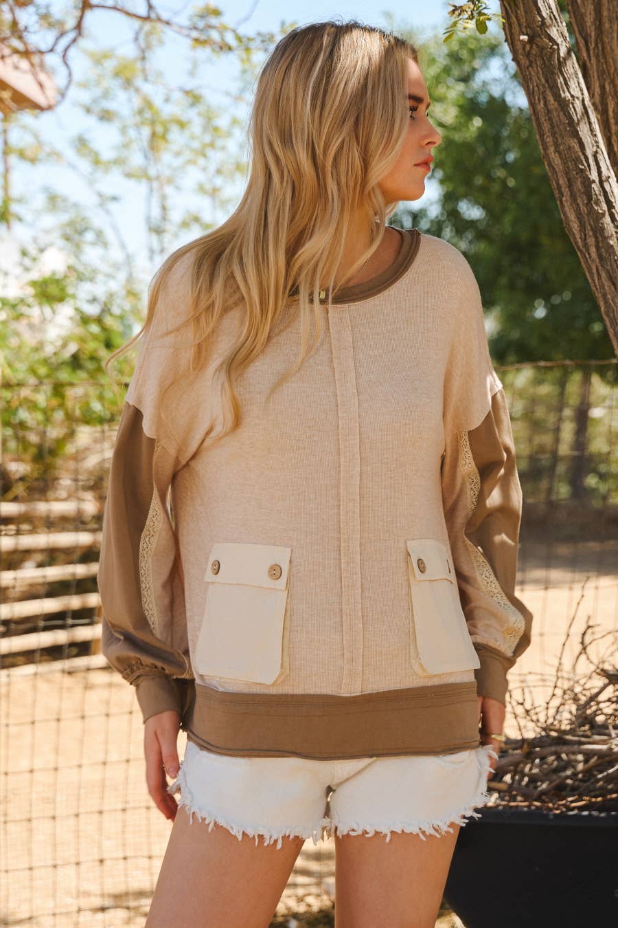 Tan Color Block w/ lace Sweatshirt