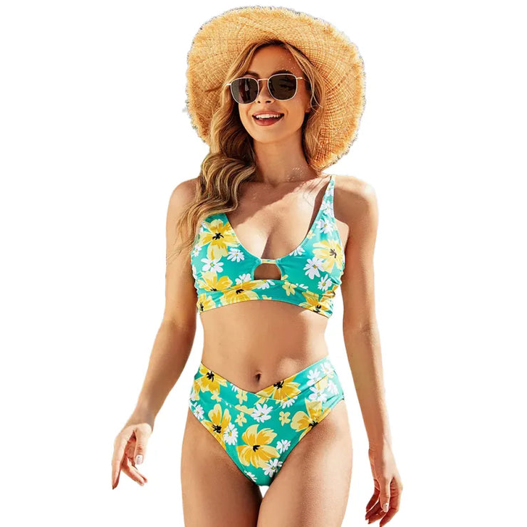 Seafoam Floral Hollow Bikini Swimsuit