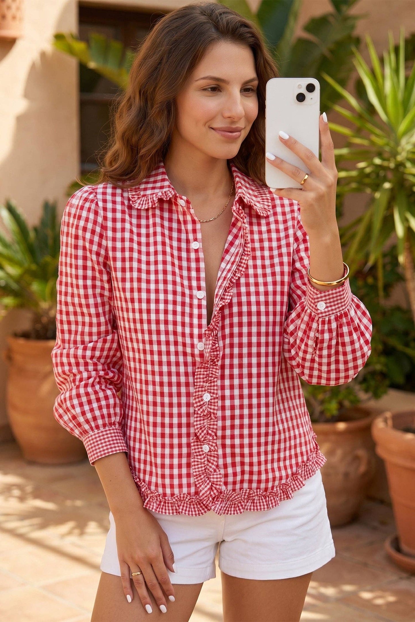 Red Gingham Frilled Long Sleeve Button Down