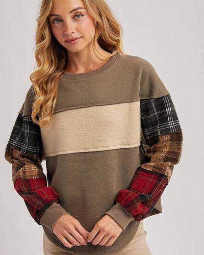 Color Block Plaid Flannel Patch Sweatshirt