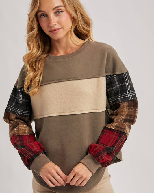 Color Block Plaid Flannel Patch Sweatshirt