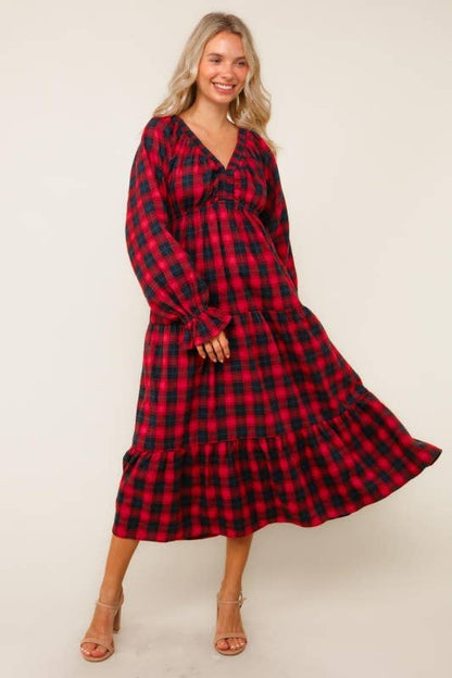 Plaid Check Tiered Maxi Dress W/ Side Pocket
