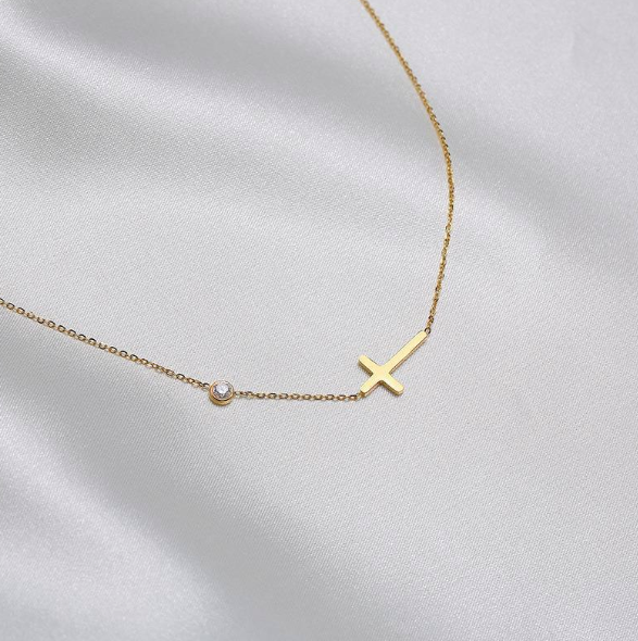 Gold Side Cross Necklace with Crystal Accent