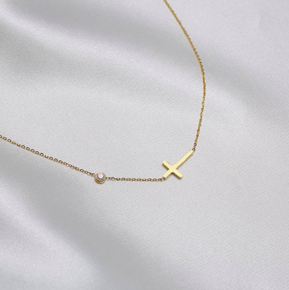 Gold Side Cross Necklace with Crystal Accent