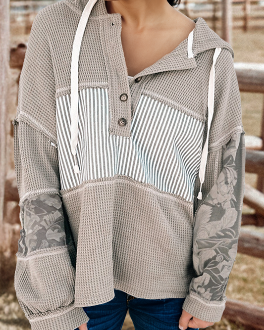 Waffle & Camo Print Patch Drawstring Hooded Long Sleeve Top