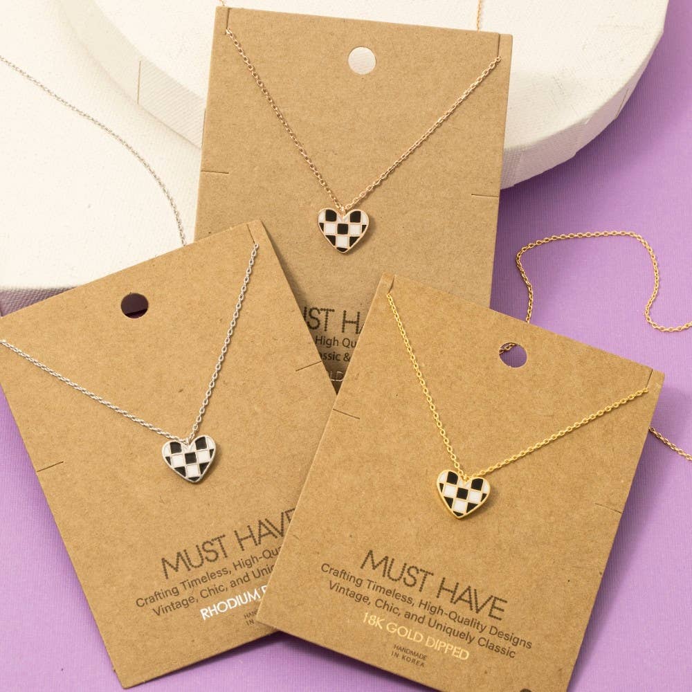 Black & White Checkered Heart Pendant Necklace