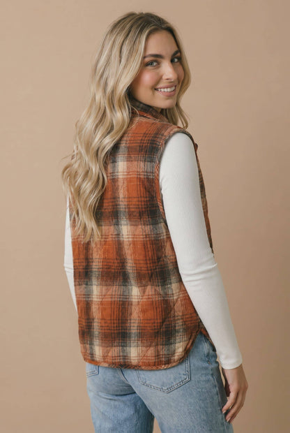 Plaid Quilted Snap Button Puffer Vest