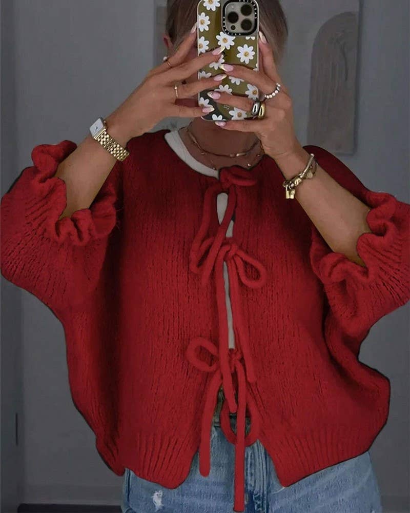 Wine Red Bow Tie Slouchy Cardigan
