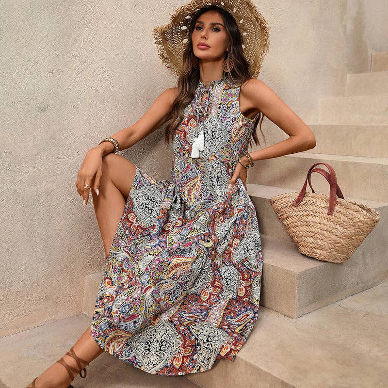 Women’s Boho Paisley Tassel Maxi Dress Sleeveless