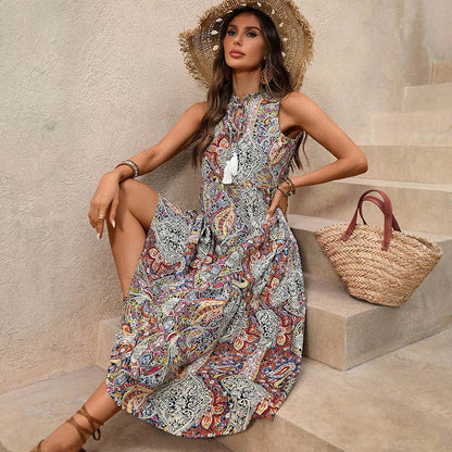 Women’s Boho Paisley Tassel Maxi Dress Sleeveless