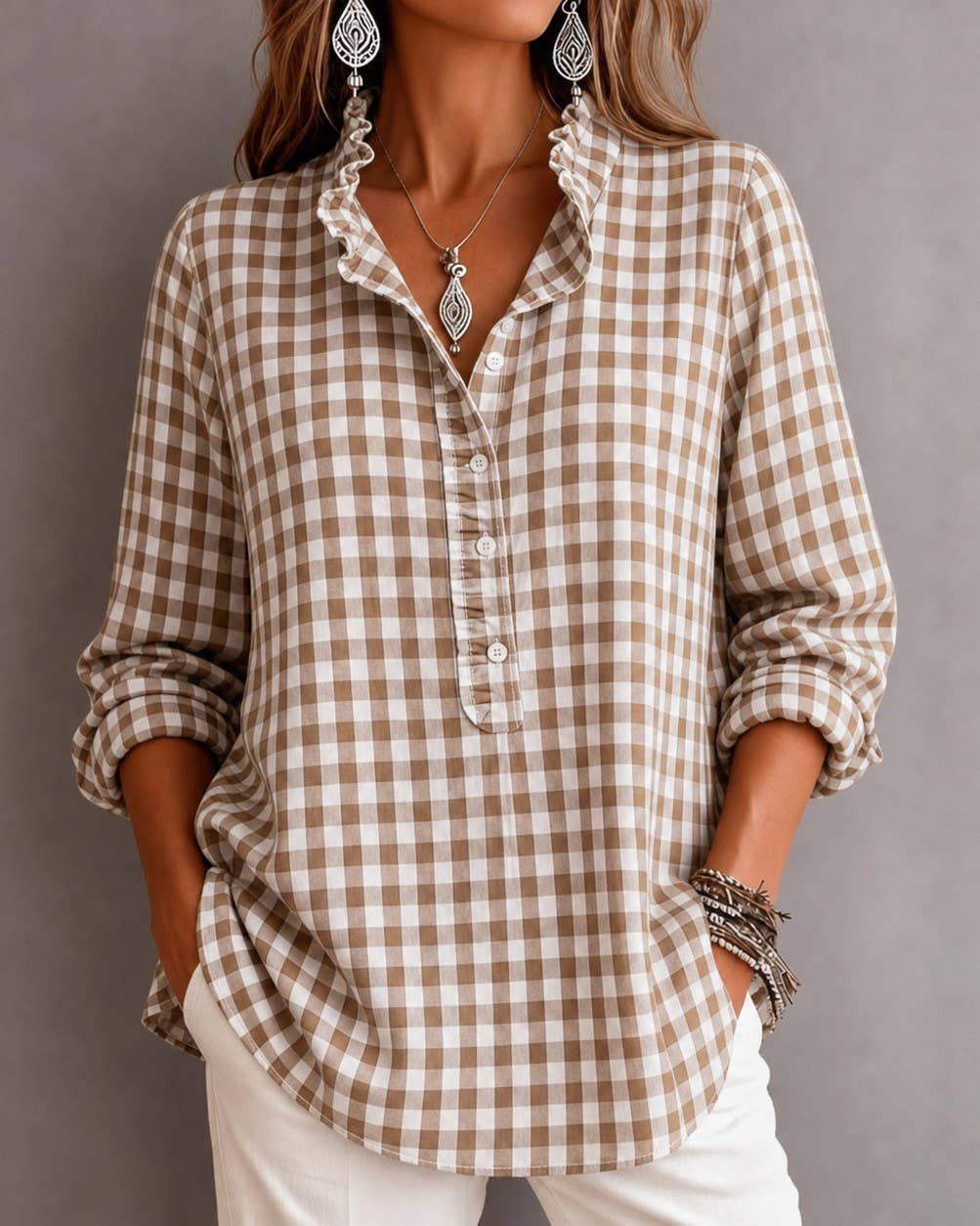 Vintage Gingham Ruffled Neck Half Placket Long Sleeve Top