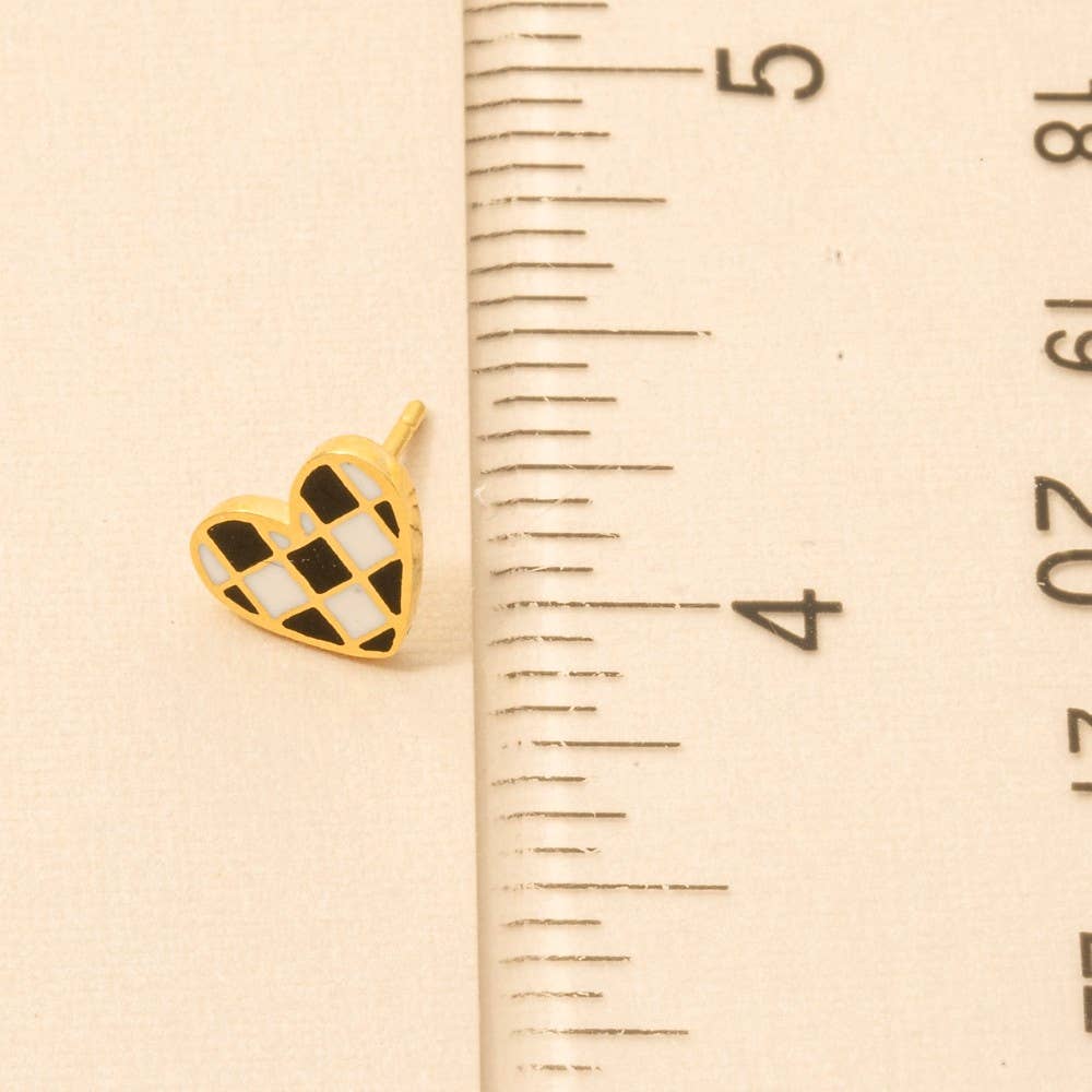 Gold Checkered Heart Stud Earrings