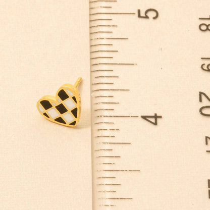 Gold Checkered Heart Stud Earrings