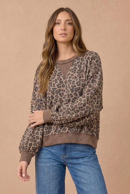 Leopard Print Wave Rib Banded Hem Pullover