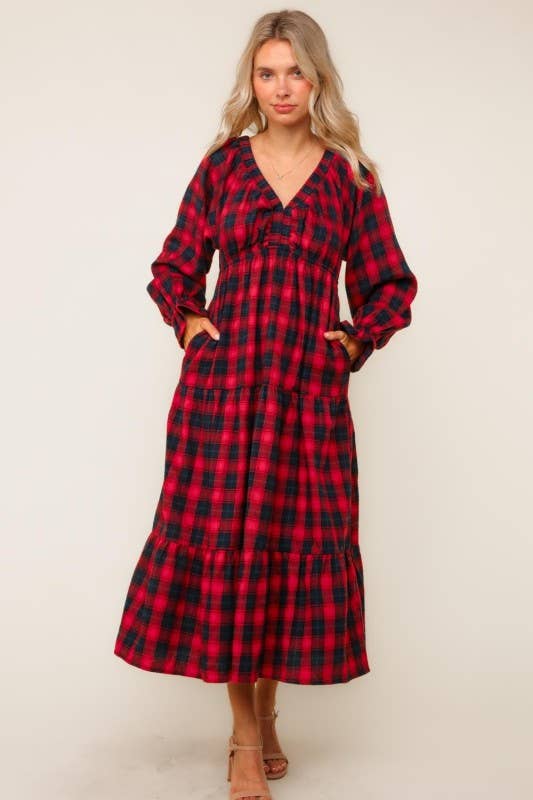 Plaid Check Tiered Maxi Dress W/ Side Pocket