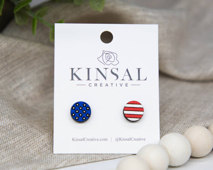 Stars And Stripes Wood Stud Earrings