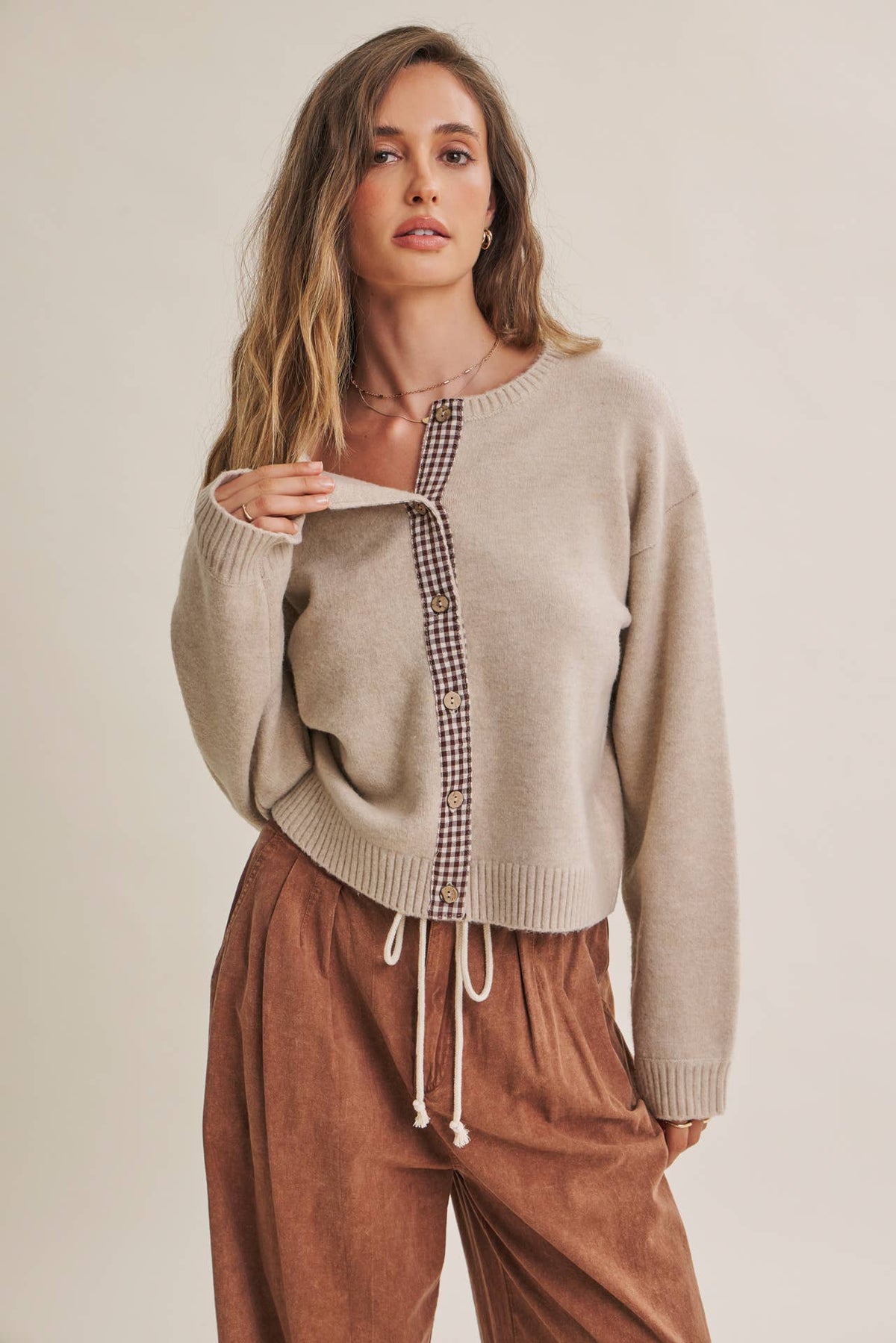 Beige Cardigan w/ Plaid Button Up Acccent
