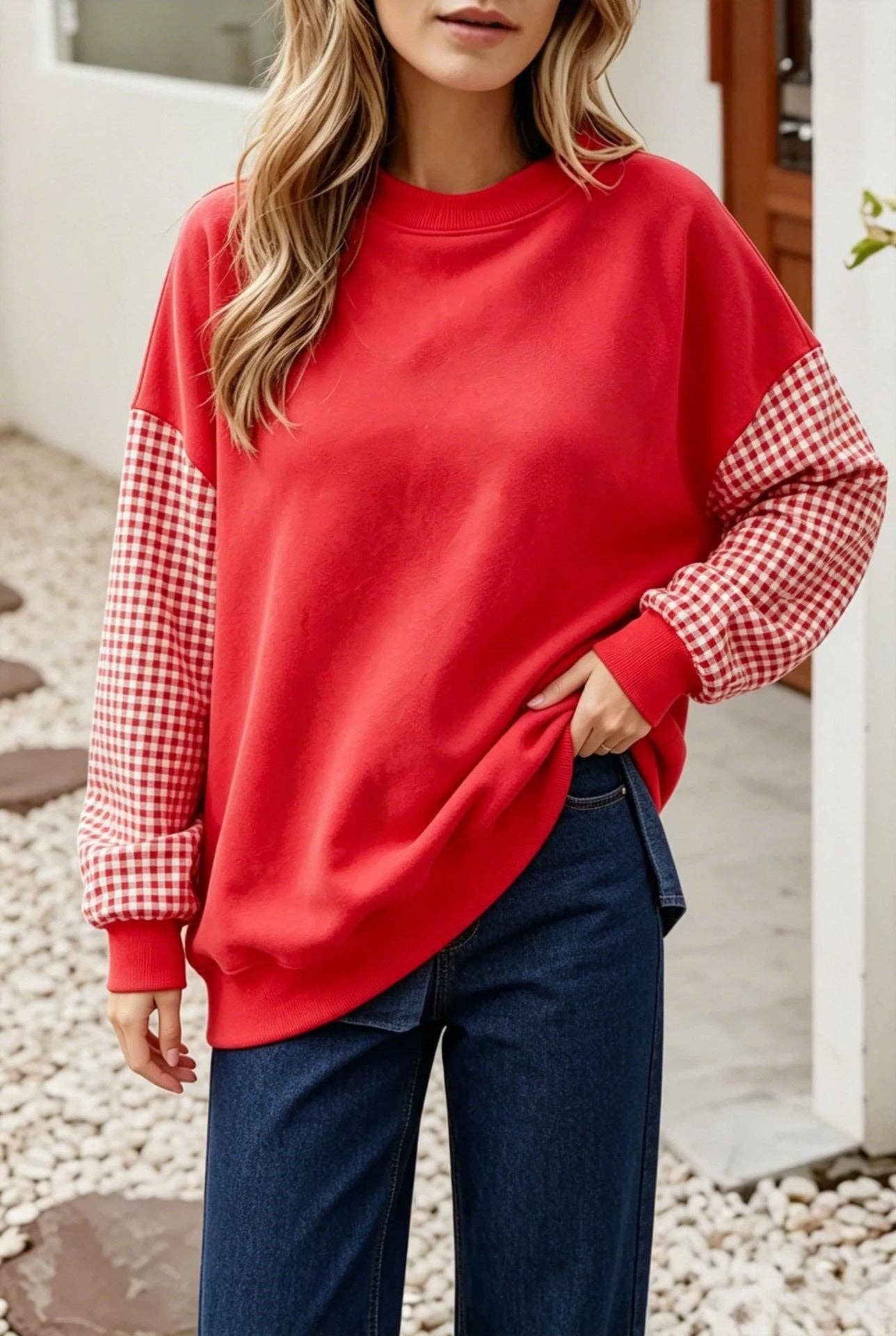 Plaid Color Block Oversized Sweatshirt