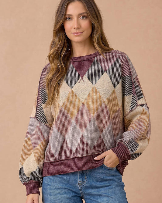 Argyle Waffle Wave Rib Banded Hem Pullover