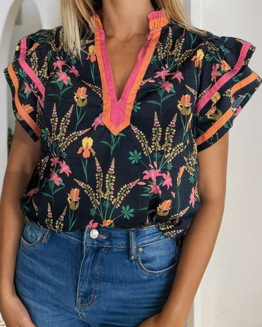 Patchwork Floral Short Sleeve V Neck Top
