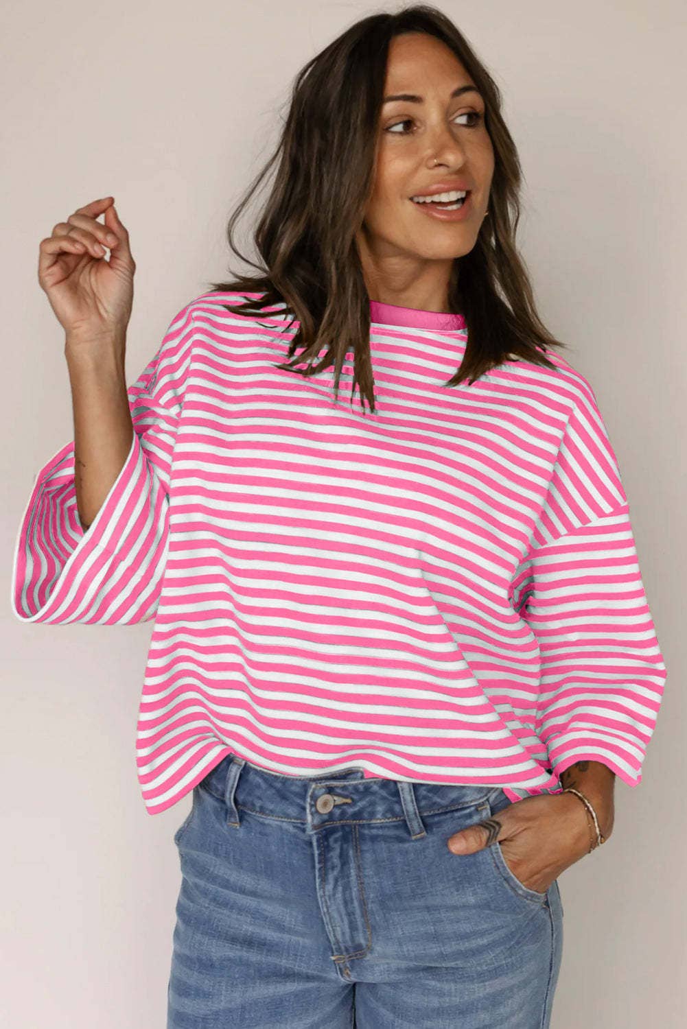 Womens Striped Top Loose Fit Short Sleeve Casual Tee