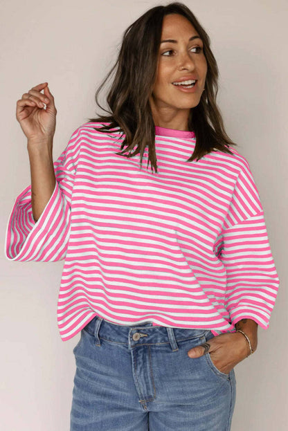 Womens Striped Top Loose Fit Short Sleeve Casual Tee