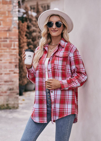 Casual Oversized Loose Red & Brown Plaid Shirt