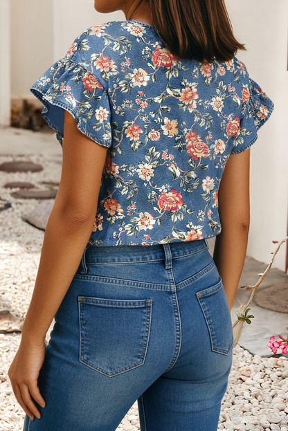 Ruffled Short Sleeve Floral Denim Top