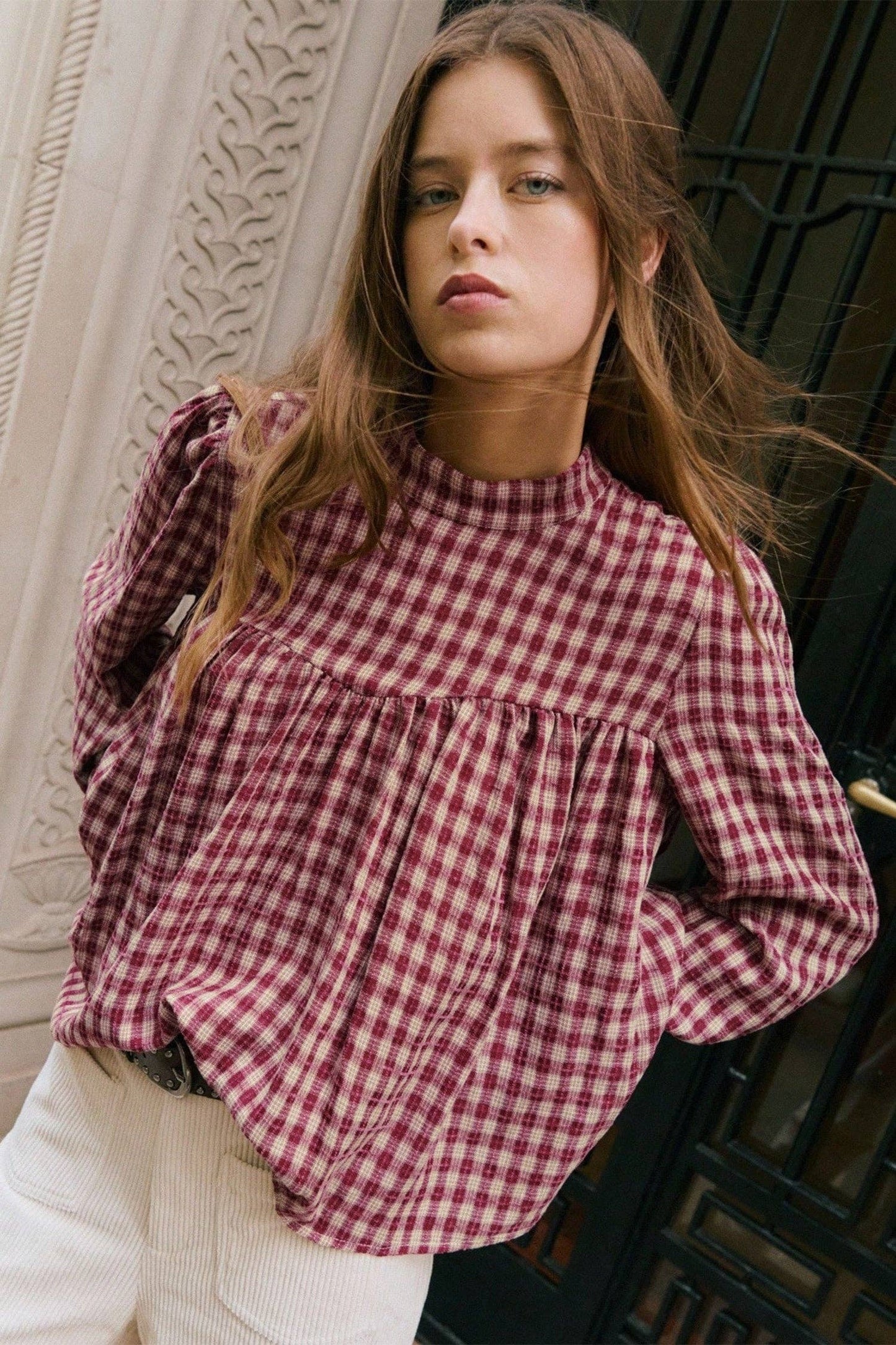 Country Plaid Pleated Blouse