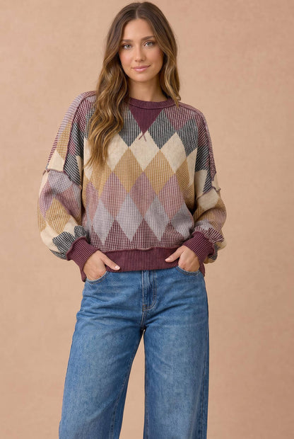 Argyle Waffle Wave Rib Banded Hem Pullover