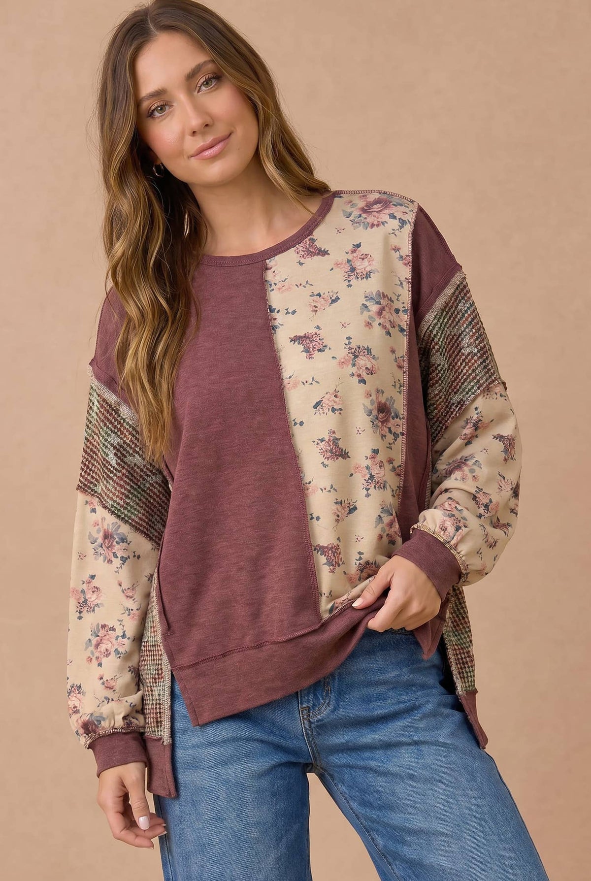 Mixed Fabric Floral Waffle Knit Paneling Top