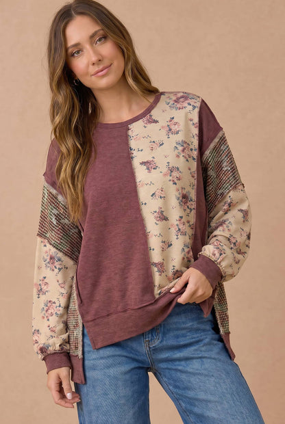 Mixed Fabric Floral Waffle Knit Paneling Top