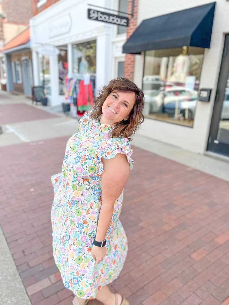 High Neck Ruffle Poplin Floral Dress
