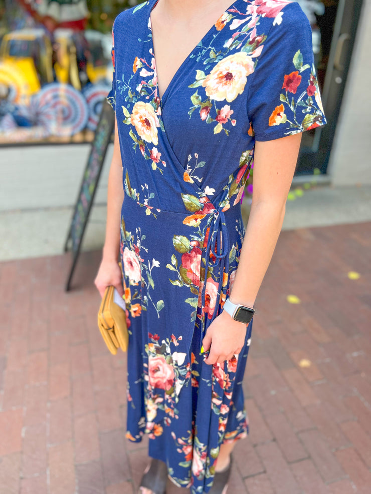 Navy Floral Faux Wrap Dress