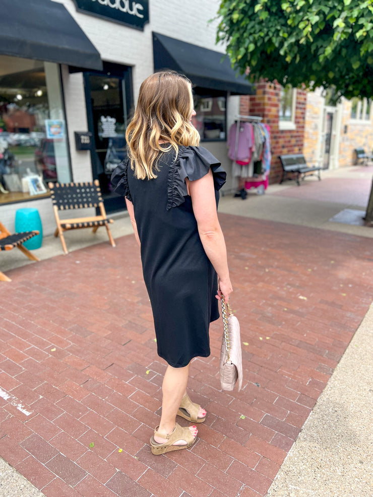 Black Ruffle Sleeve Shift Dress
