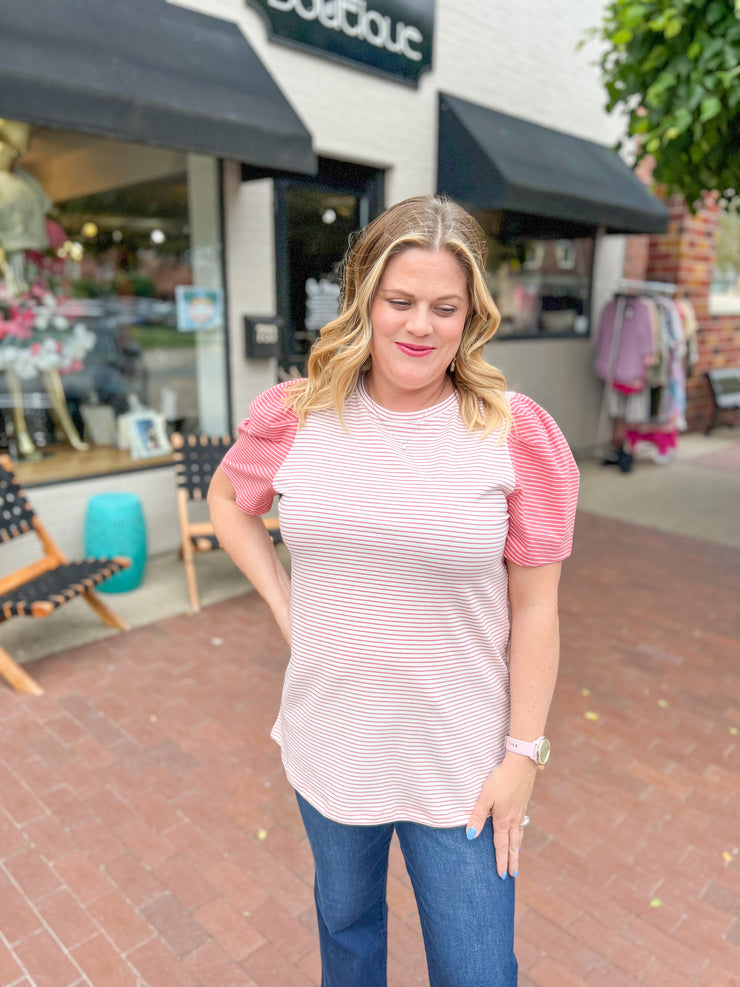 Pink Stripe Puff Sleeve Top