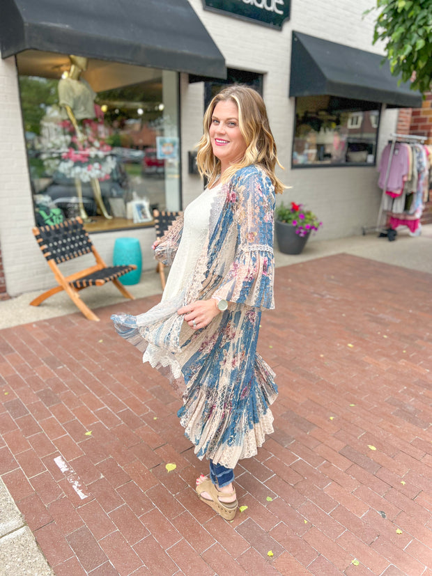 Blue Floral Lace Cardigan Duster