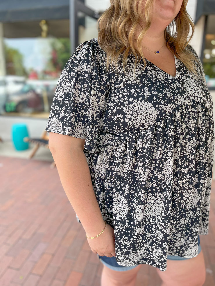Black Ditsy Floral Babydoll Knit Blouse