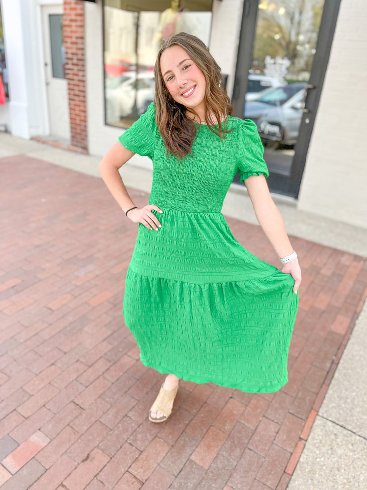 Kelly Green Textured Woven Midi Dress