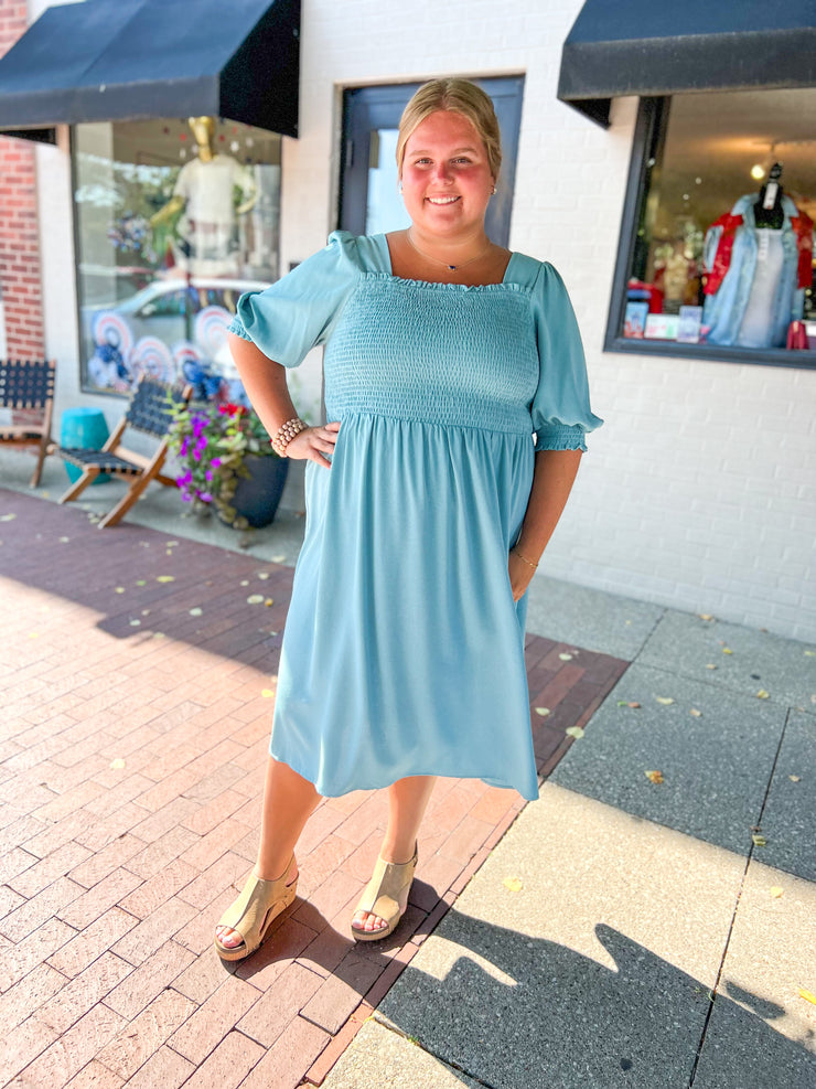 Mineral Blue Smocked Puff Sleeve Dress