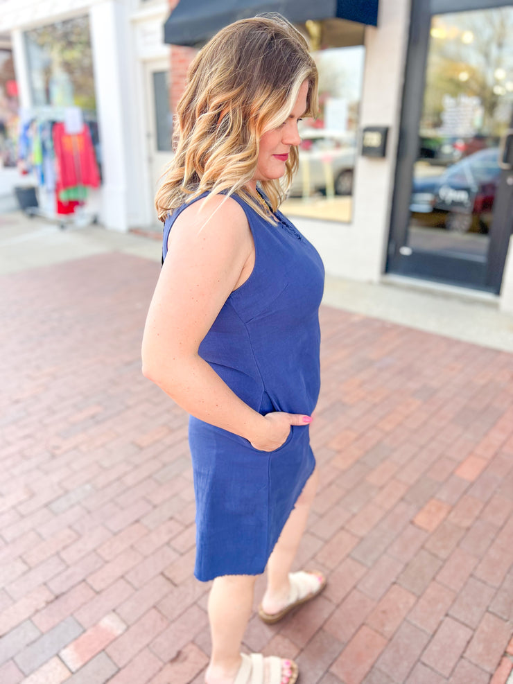 Navy Tencel Raw Hem Sleeveless Dress